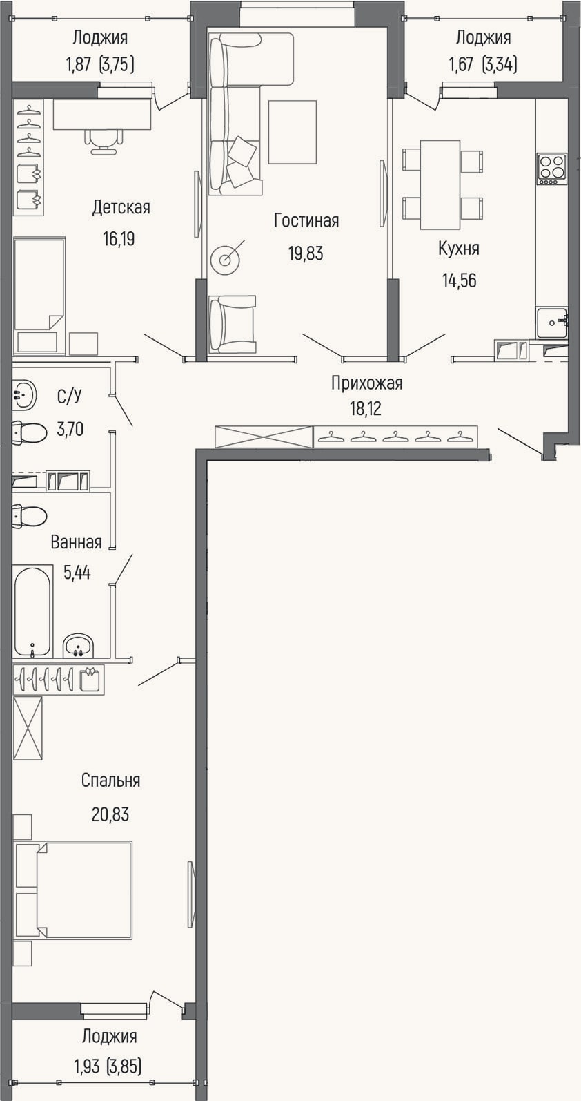 Планировка: 3-к, 98,7 м²