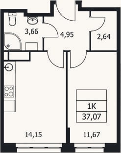 Планировка: 1-к, 37,1 м²