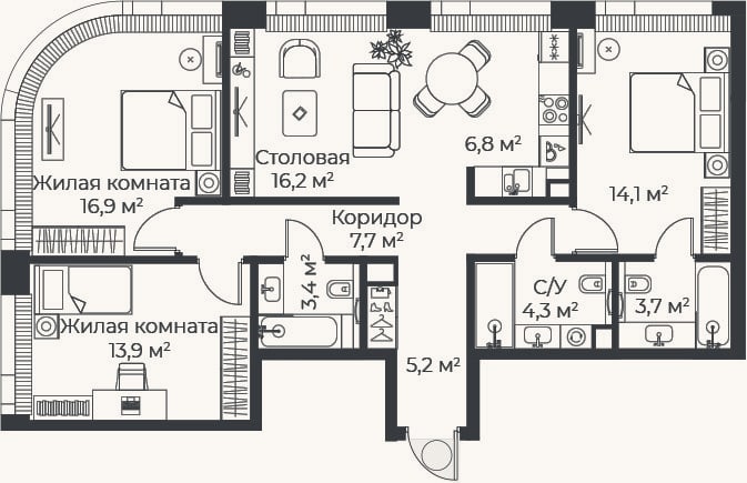 Планировка: 4+ к, 92 м²