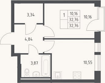 Планировка: 1-к, 32,8 м²