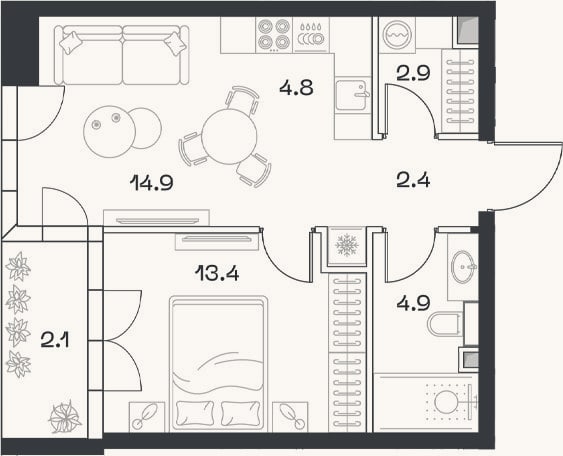 Планировка: 2-к, 43,2 м²