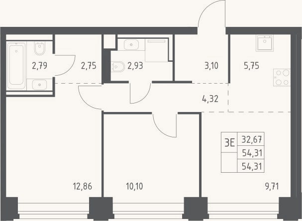 Планировка: 3-к, 54,3 м²