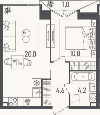 Планировка: 2-к, 39,6 м²