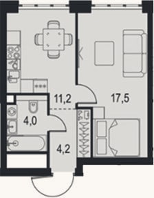 Планировка: 1-к, 36,9 м²