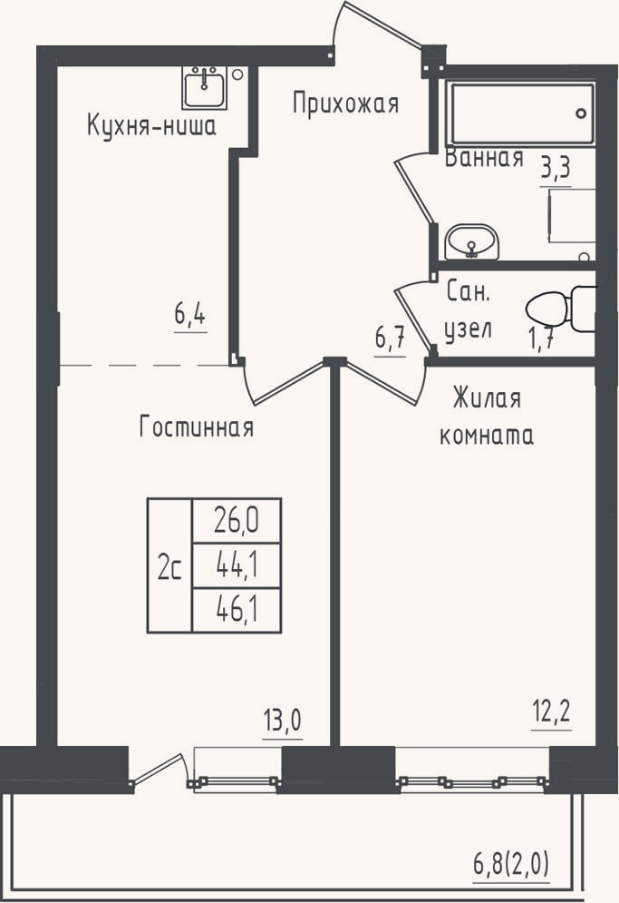 Планировка: 1-к, 44,1 м²