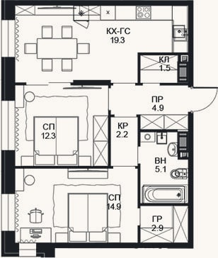 Планировка: 2-к, 63,1 м²