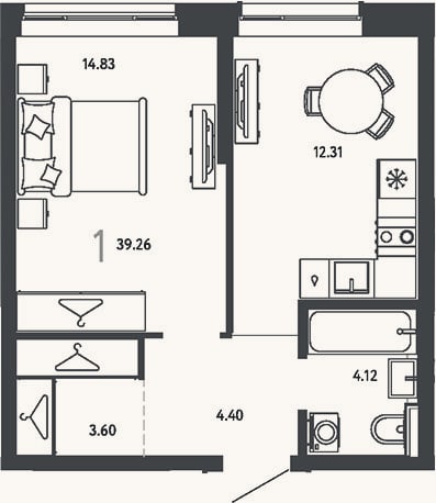 Планировка: 1-к, 39,3 м²