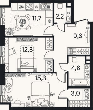 Планировка: 2-к, 58,6 м²