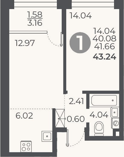 Планировка: 1-к, 40,1 м²
