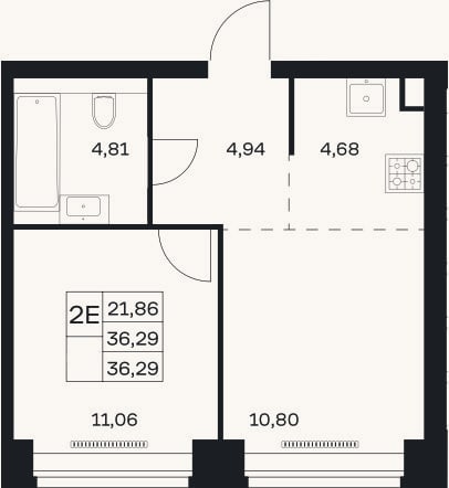 Планировка: 2-к, 36,3 м²