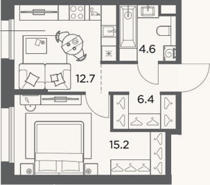 Планировка: 1-к, 38,9 м²