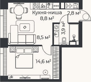 Планировка: 2-к, 38,5 м²