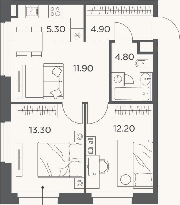 Планировка: 3-к, 52,4 м²