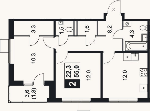 Планировка: 2-к, 53,2 м²
