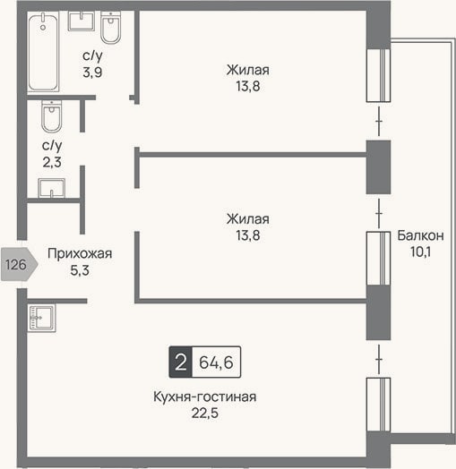 Планировка: 3-к, 61,6 м²