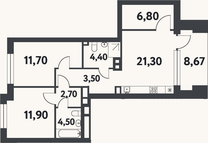 Планировка: 2-к, 66,8 м²