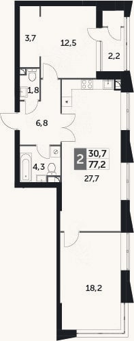 Планировка: 3-к, 74,7 м²