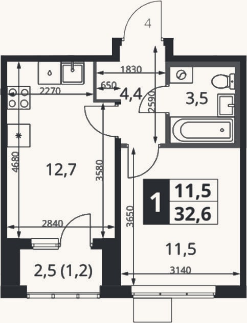 Планировка: 2-к, 31,4 м²
