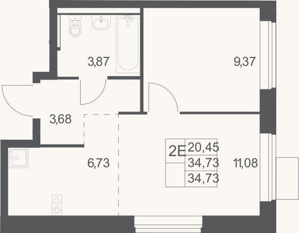 Планировка: 2-к, 34,7 м²