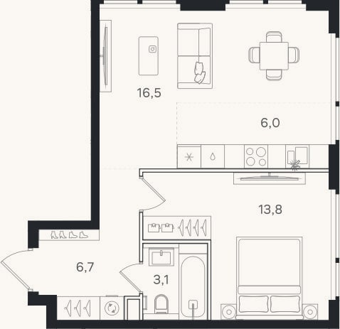 Планировка: 2-к, 46,1 м²