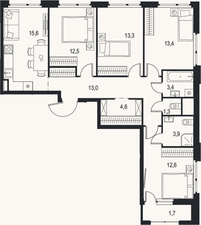 Планировка: 4+ к, 93,6 м²