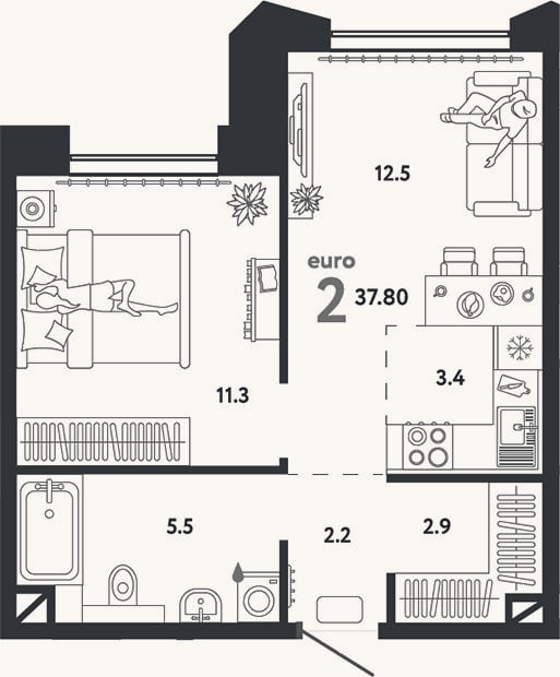 Планировка: 2-к, 37,8 м²