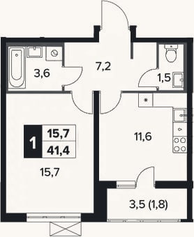 Планировка: 1-к, 40,6 м²