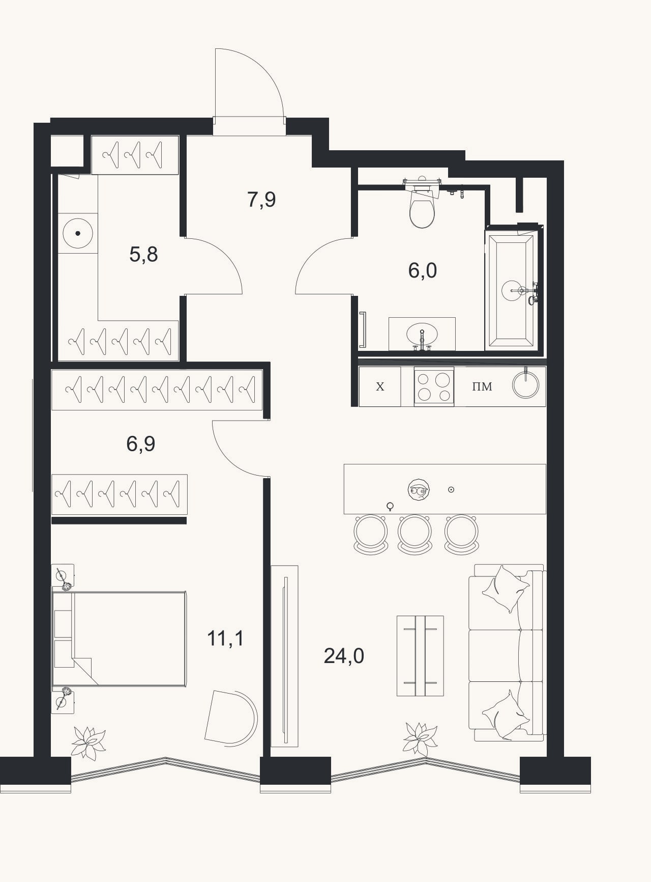Планировка: 2-к, 61,7 м²
