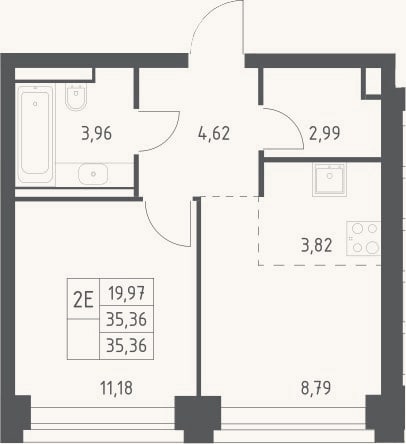 Планировка: 2-к, 35,4 м²