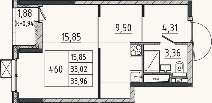 Планировка: Студия, 33 м²