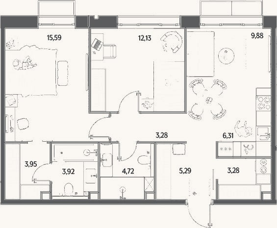 Планировка: 3-к, 68,4 м²