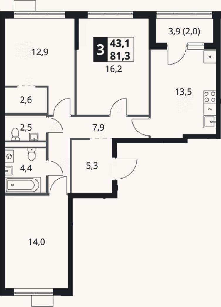 Планировка: 3-к, 79,3 м²