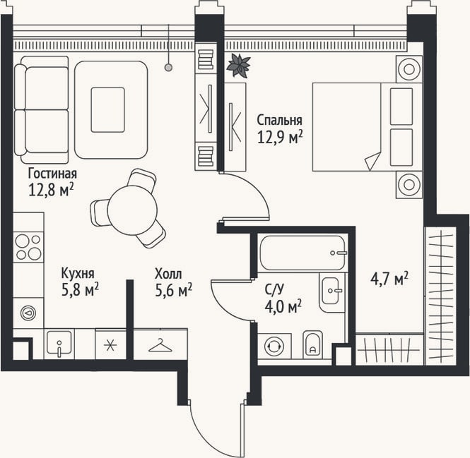 Планировка: 2-к, 45,8 м²