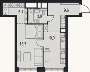 Планировка: 1-к, 45,2 м²