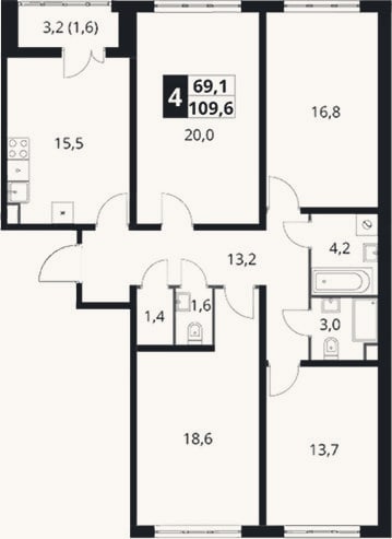 Планировка: 4+ к, 108 м²