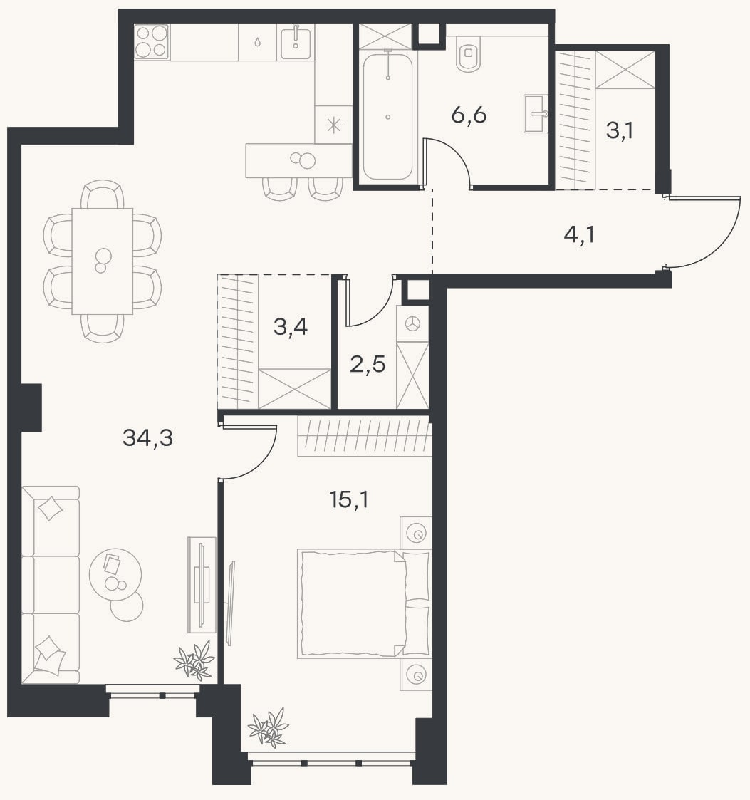 Планировка: 2-к, 69,1 м²