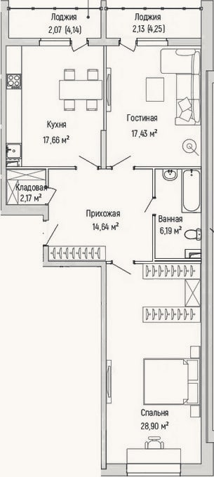 Планировка: 2-к, 83 м²