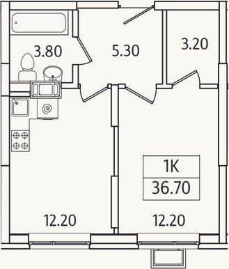 Планировка: 1-к, 36,7 м²