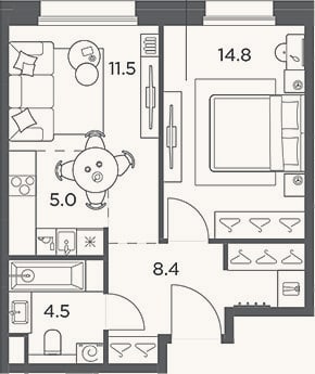 Планировка: 2-к, 44,2 м²