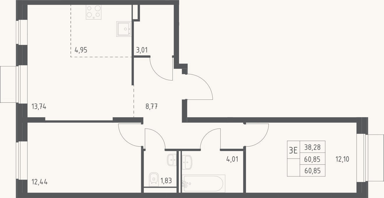 Планировка: 3-к, 60,9 м²