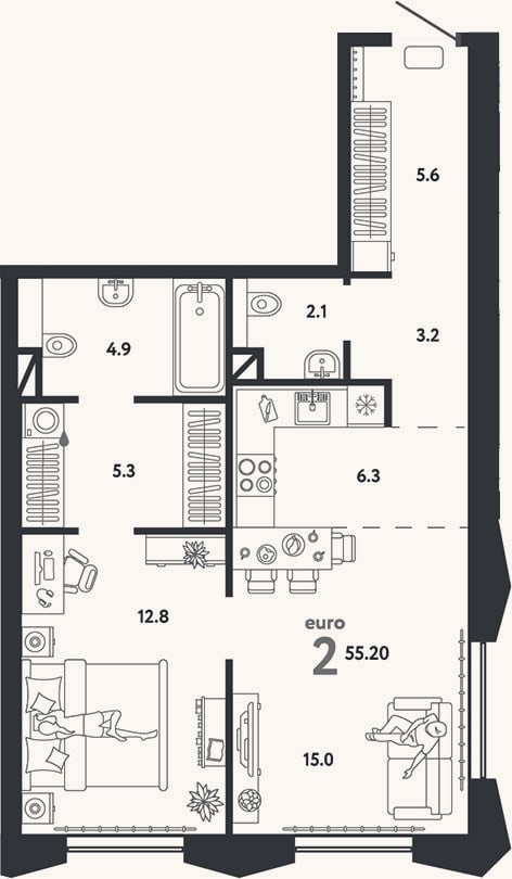 Планировка: 2-к, 55,2 м²