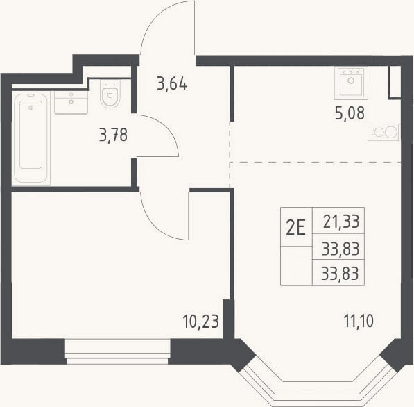 Планировка: 2-к, 33,8 м²