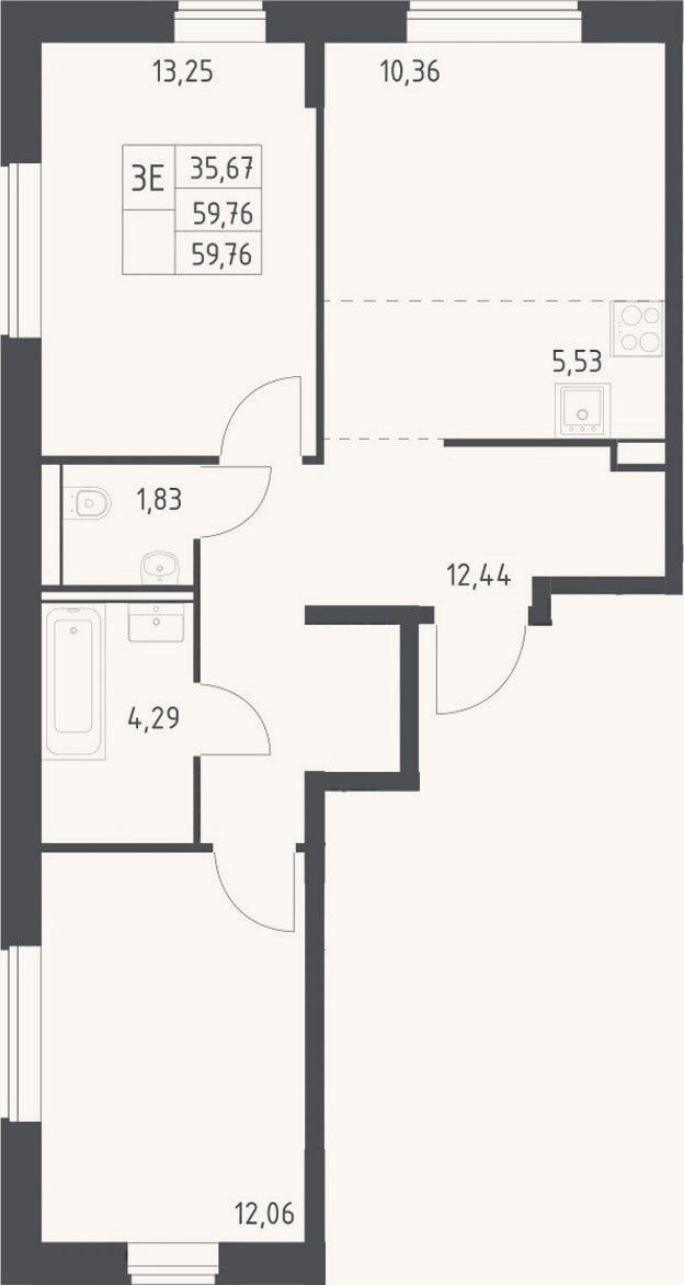 Планировка: 3-к, 59,8 м²