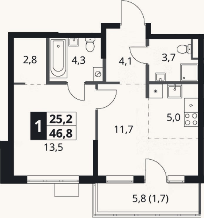 Планировка: 2-к, 45,1 м²