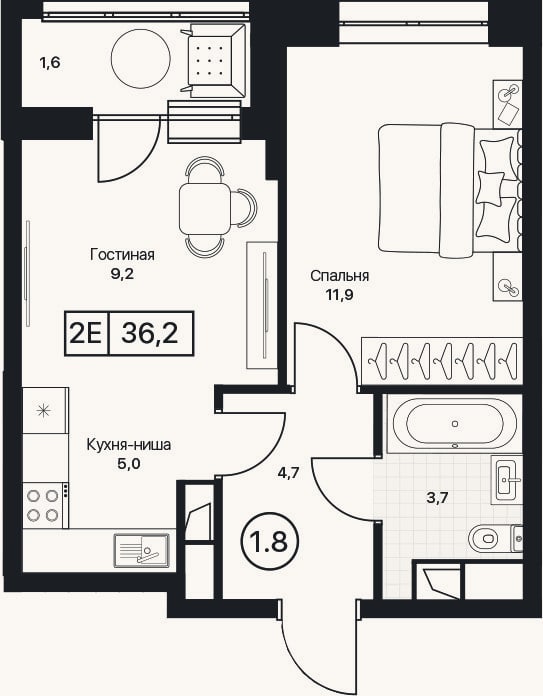 Планировка: 2-к, 34,6 м²