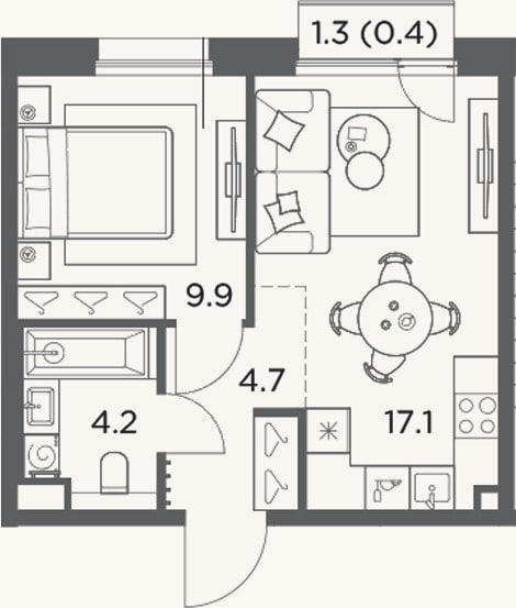 Планировка: 1-к, 35,9 м²