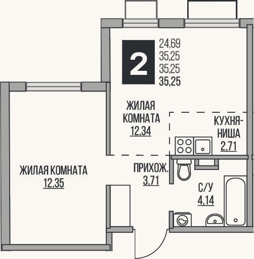 Планировка: 2-к, 35,3 м²