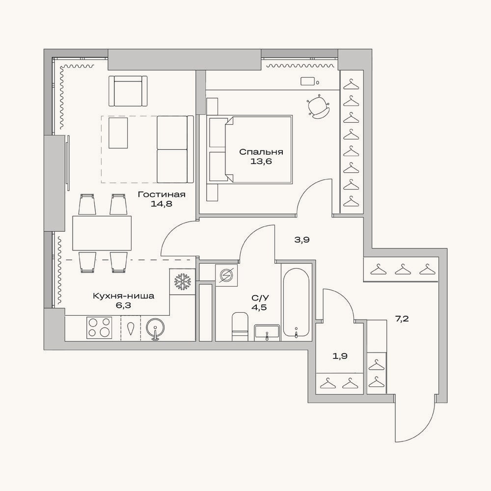 Планировка: 2-к, 52,2 м²