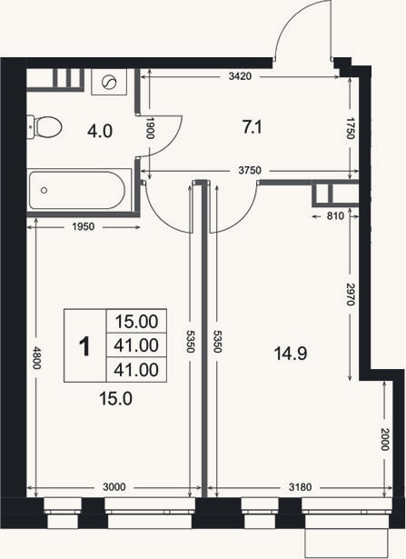 Планировка: 1-к, 41 м²