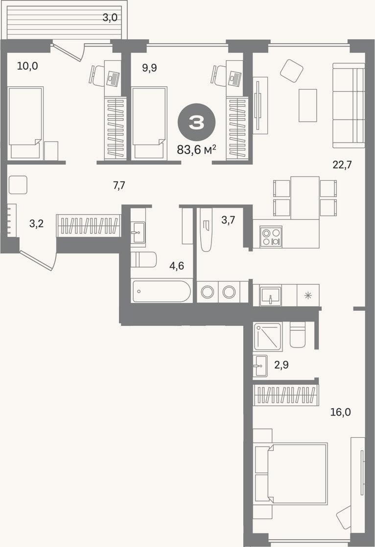 Планировка: 3-к, 80,6 м²